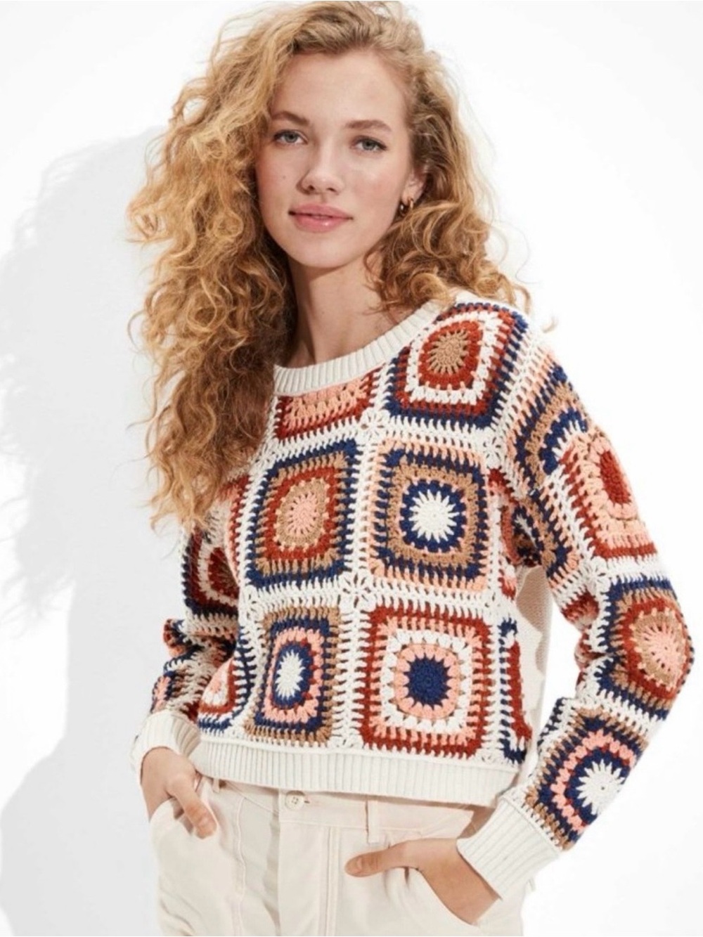 AMERICAN EAGLE | Crochet Granny Square Multicolor Crewneck Sweater Small Boho
